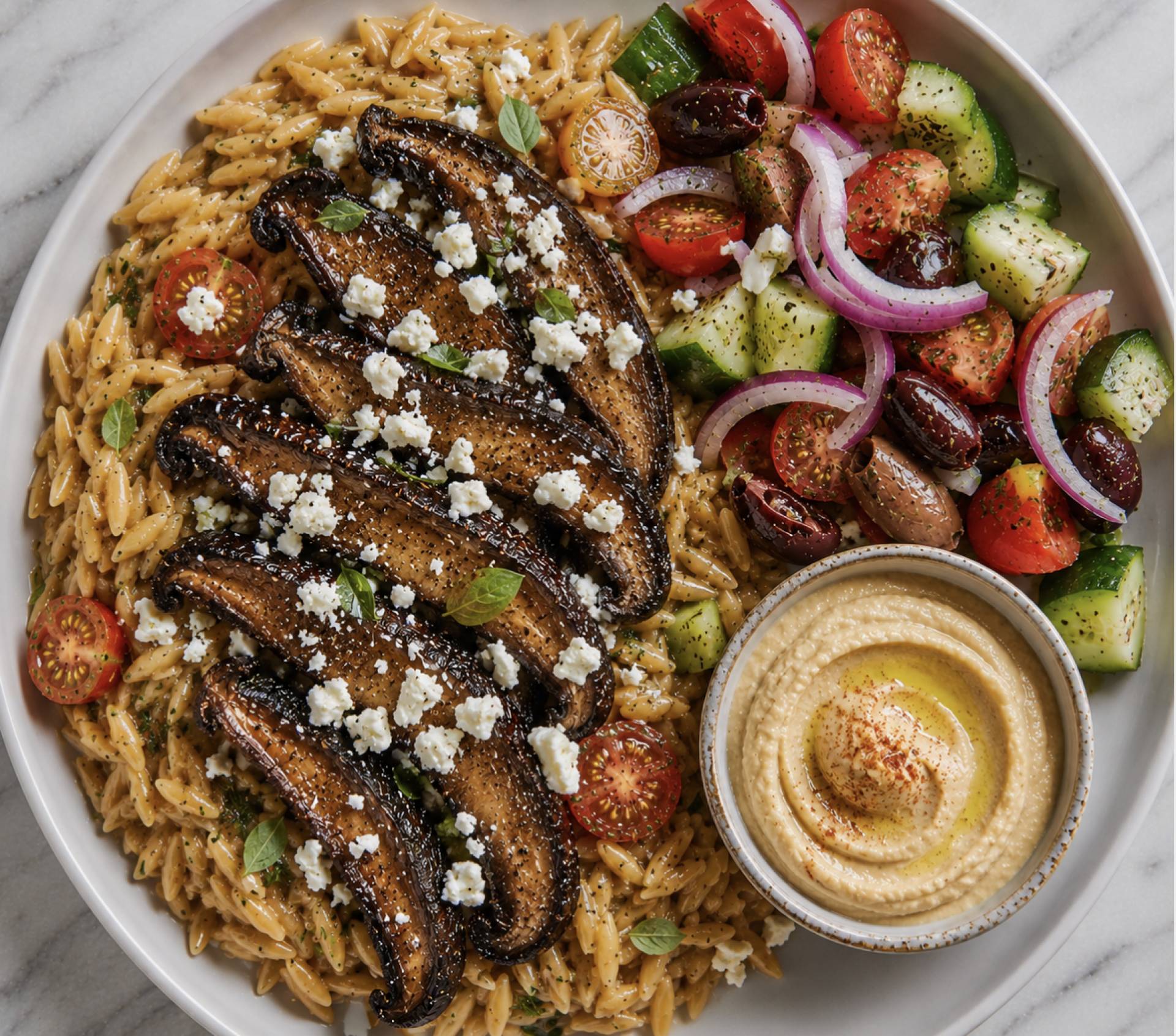 Greek Portobello Mushroom with Lemony Orzo and Cucumber Salad