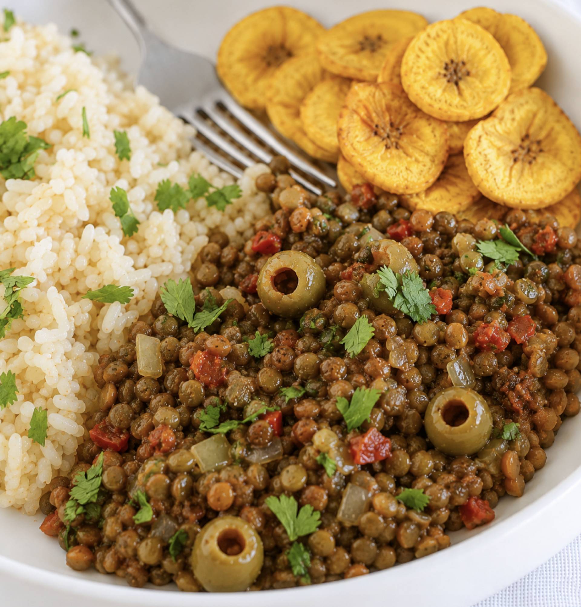 Cuban Plant Based Lentil Picadillo with Rice and Plantain Chips