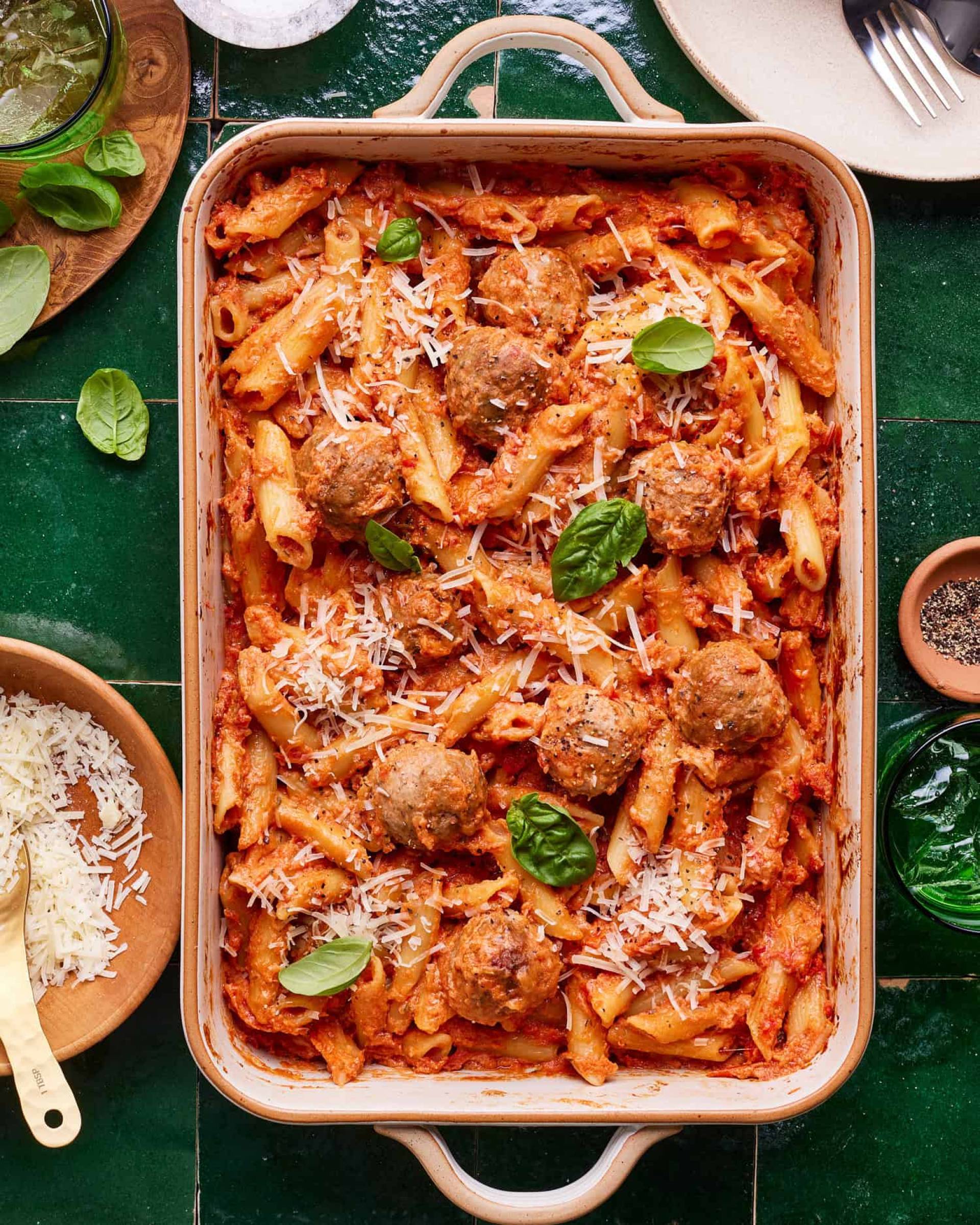 Family Style Plant Based Meatball Vodka Penne Bake