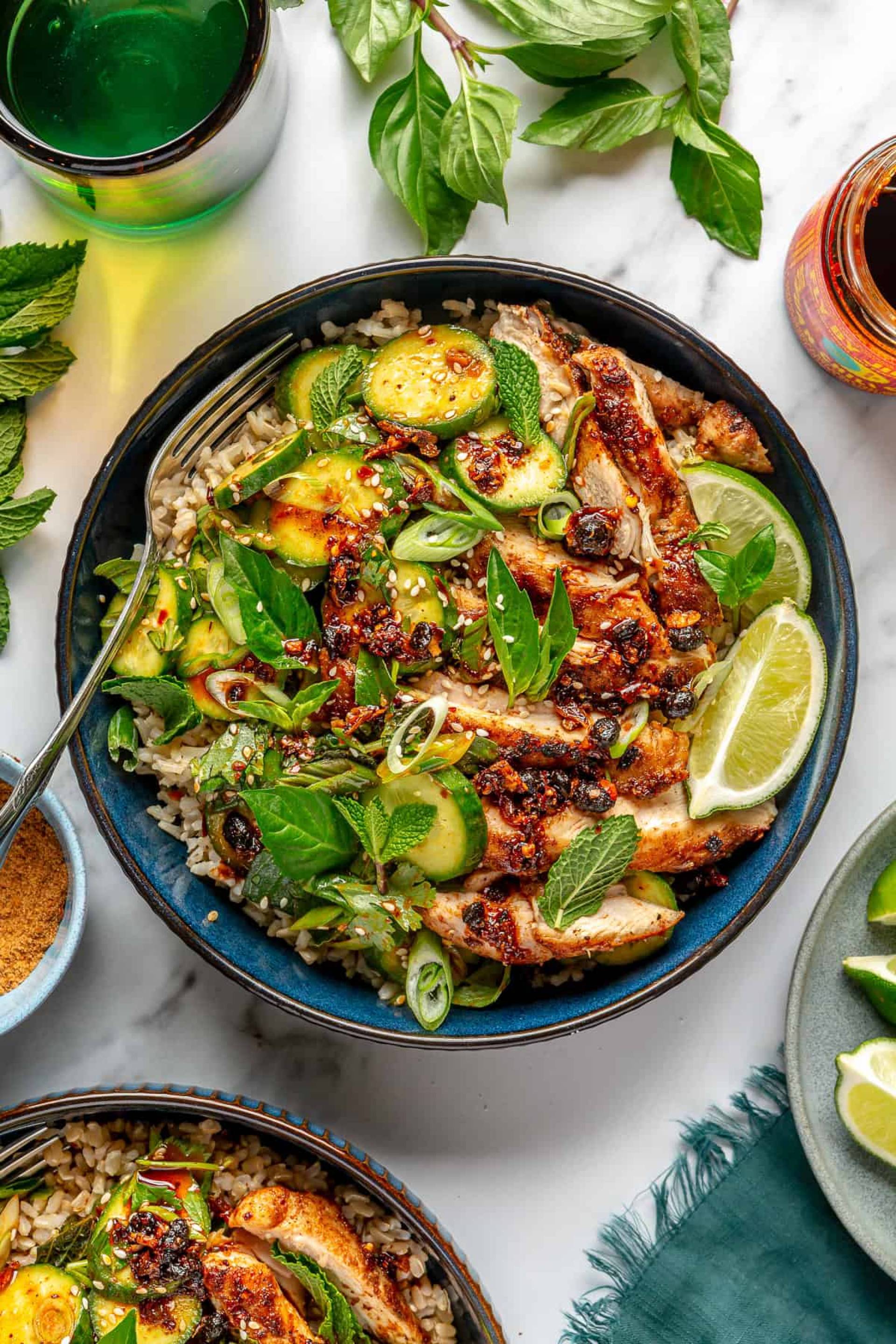 Chili Crunch Chicken with Cucumber and Sweet Pepper Salad