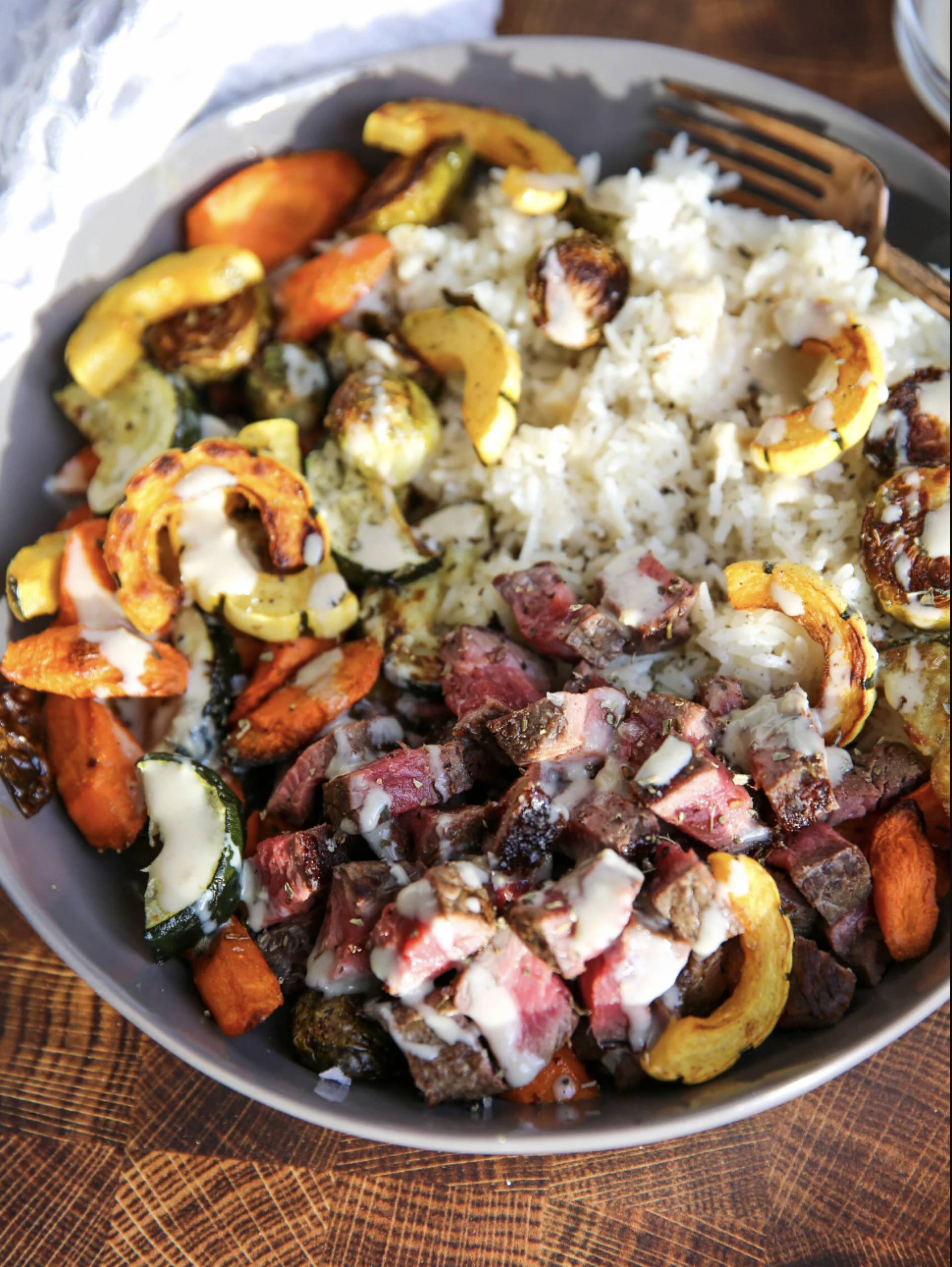 Squash and Steak Bowl with Creamy Maple Drizzle