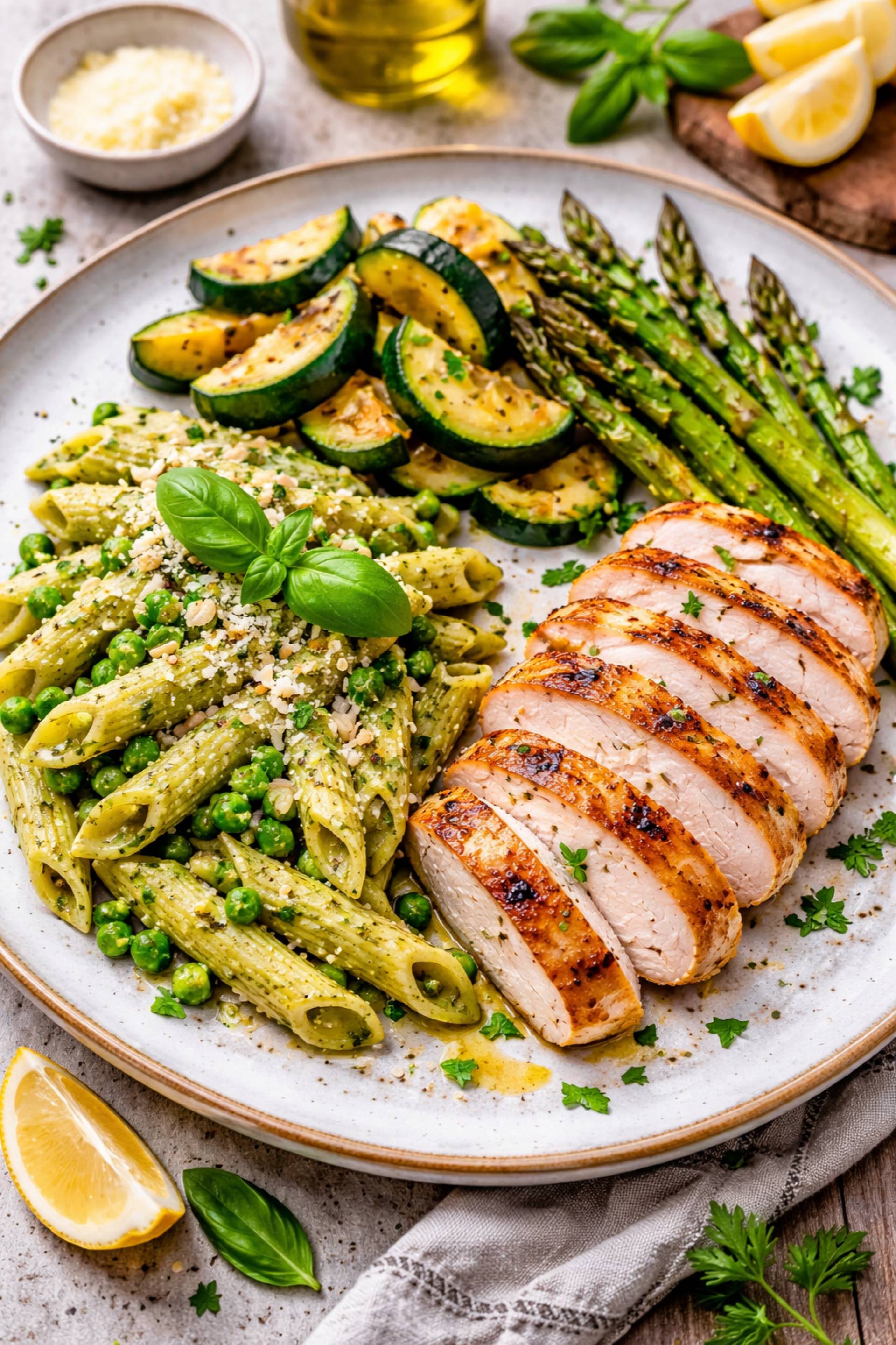 Spring Green Pesto Pasta Primavera with Chicken Breast