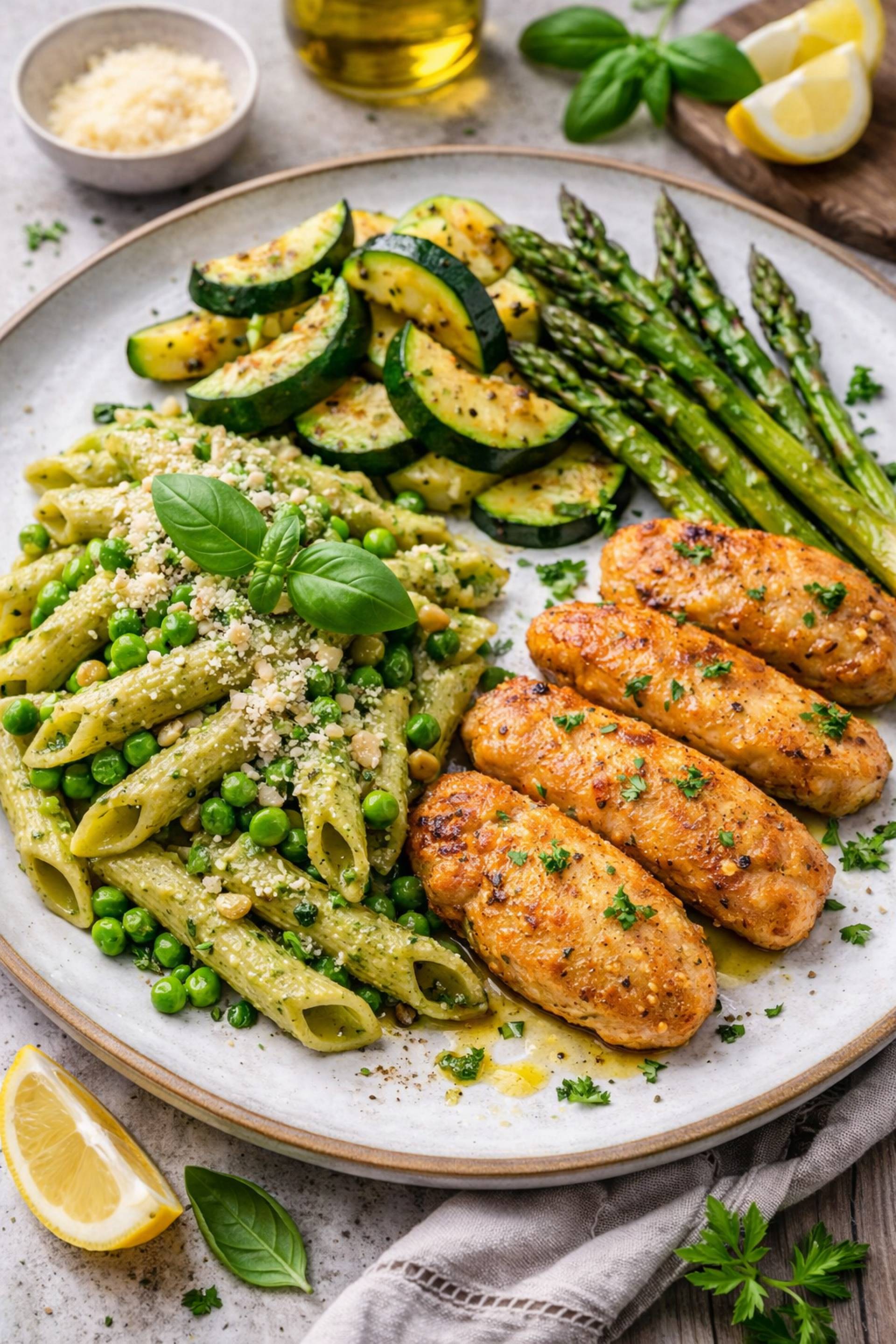 Spring Green Pesto Pasta Primavera with Plant Based \