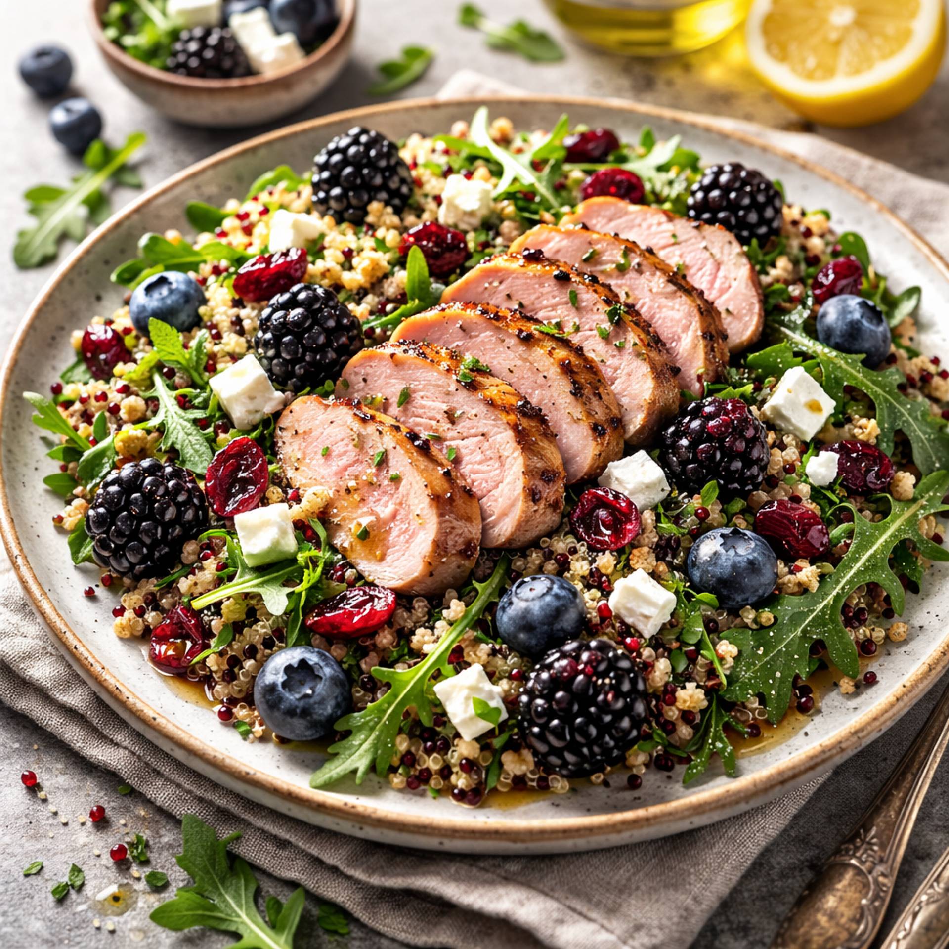 Superfood Quinoa Salad with Blackberry Pork Tenderloin and Feta Cheese
