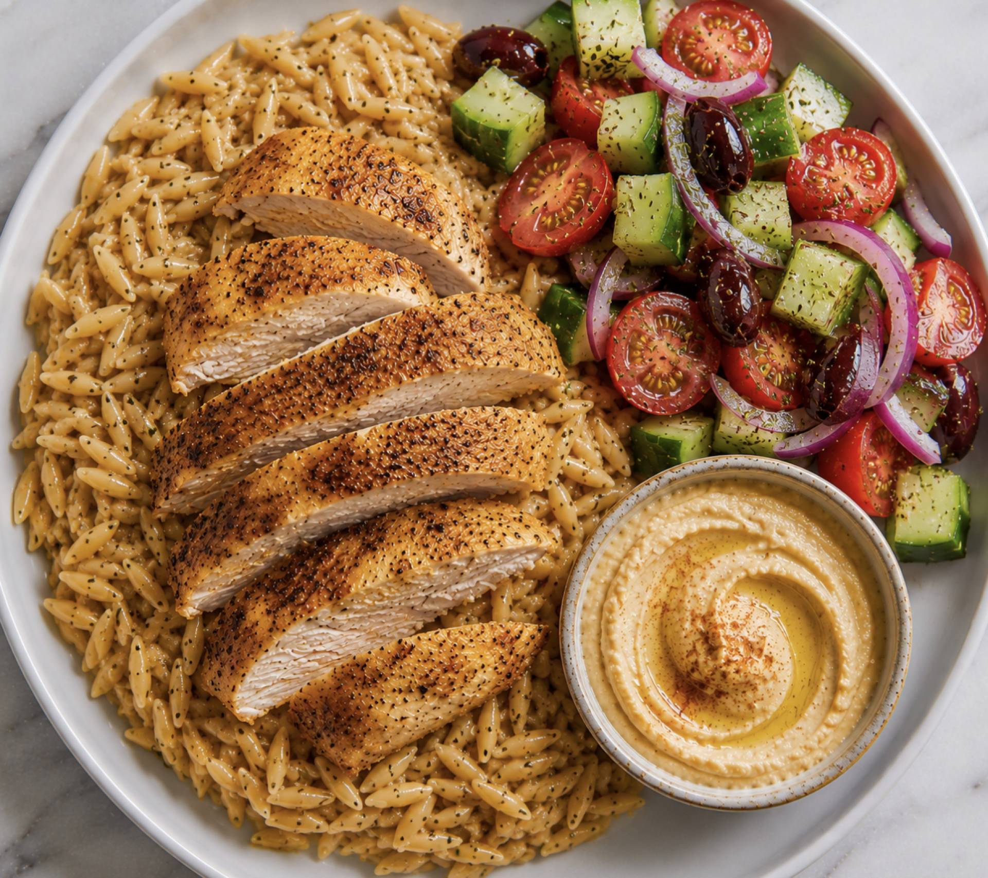 Dairy Free Greek Chicken Thighs with Lemony Orzo and Cucumber Salad