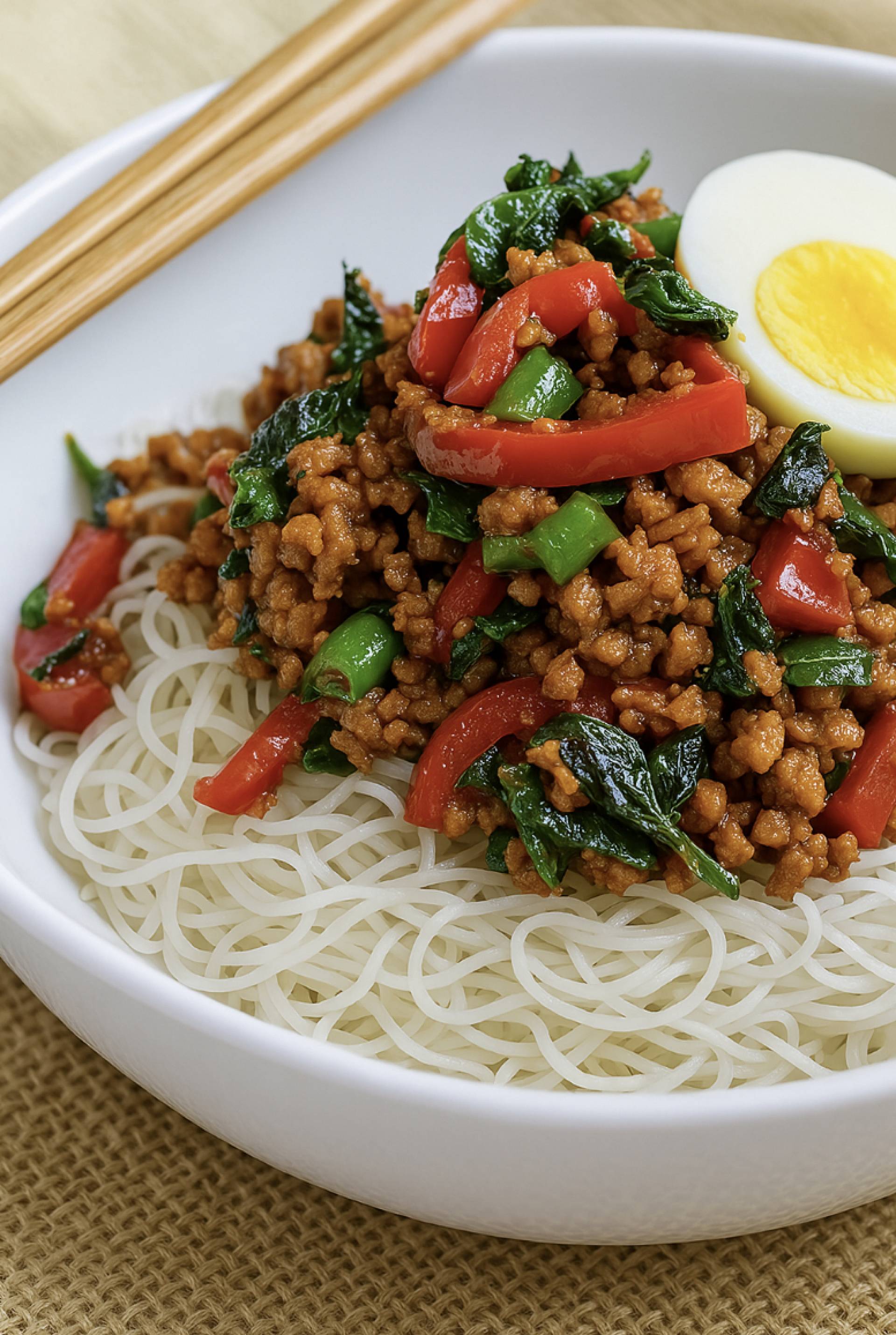 Pork Pad Krapow with Vermicelli Rice Noodles