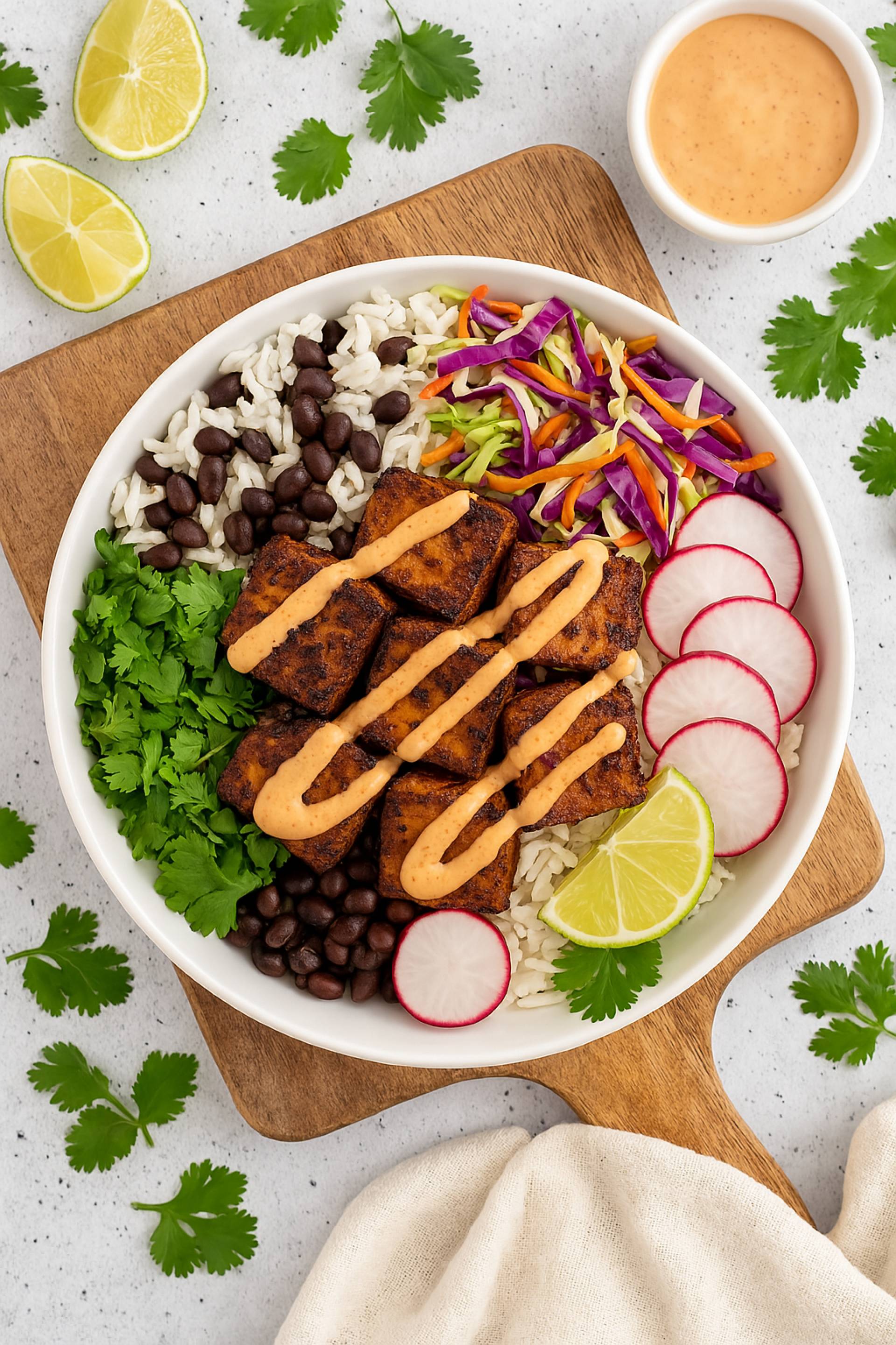 Baja Tofu Bowls with Cilantro Slaw and Chipotle Drizzle