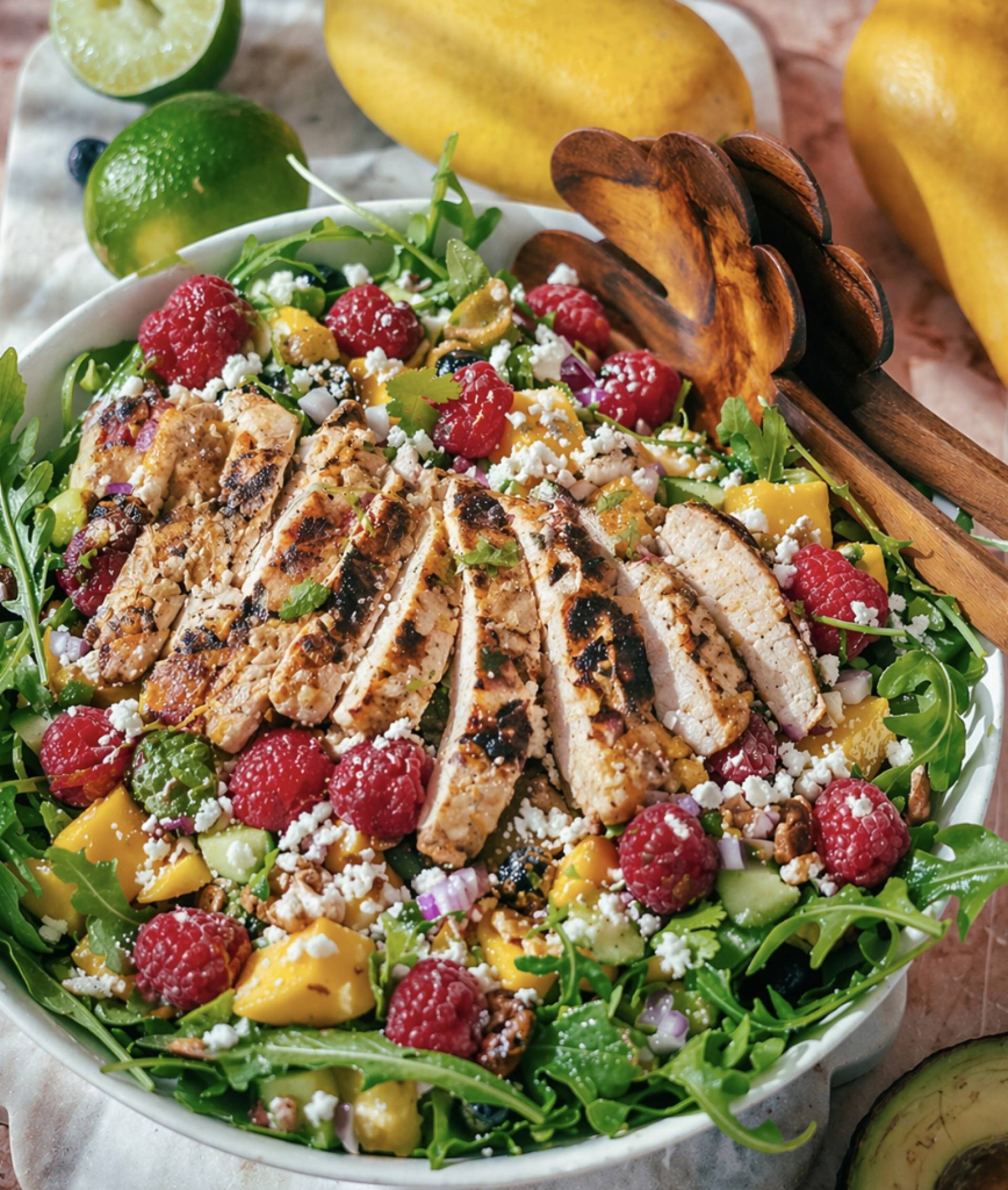 GIVE BACK Raspberry Vinaigrette Salad with Grilled Chicken, Mango and Queso Fresco