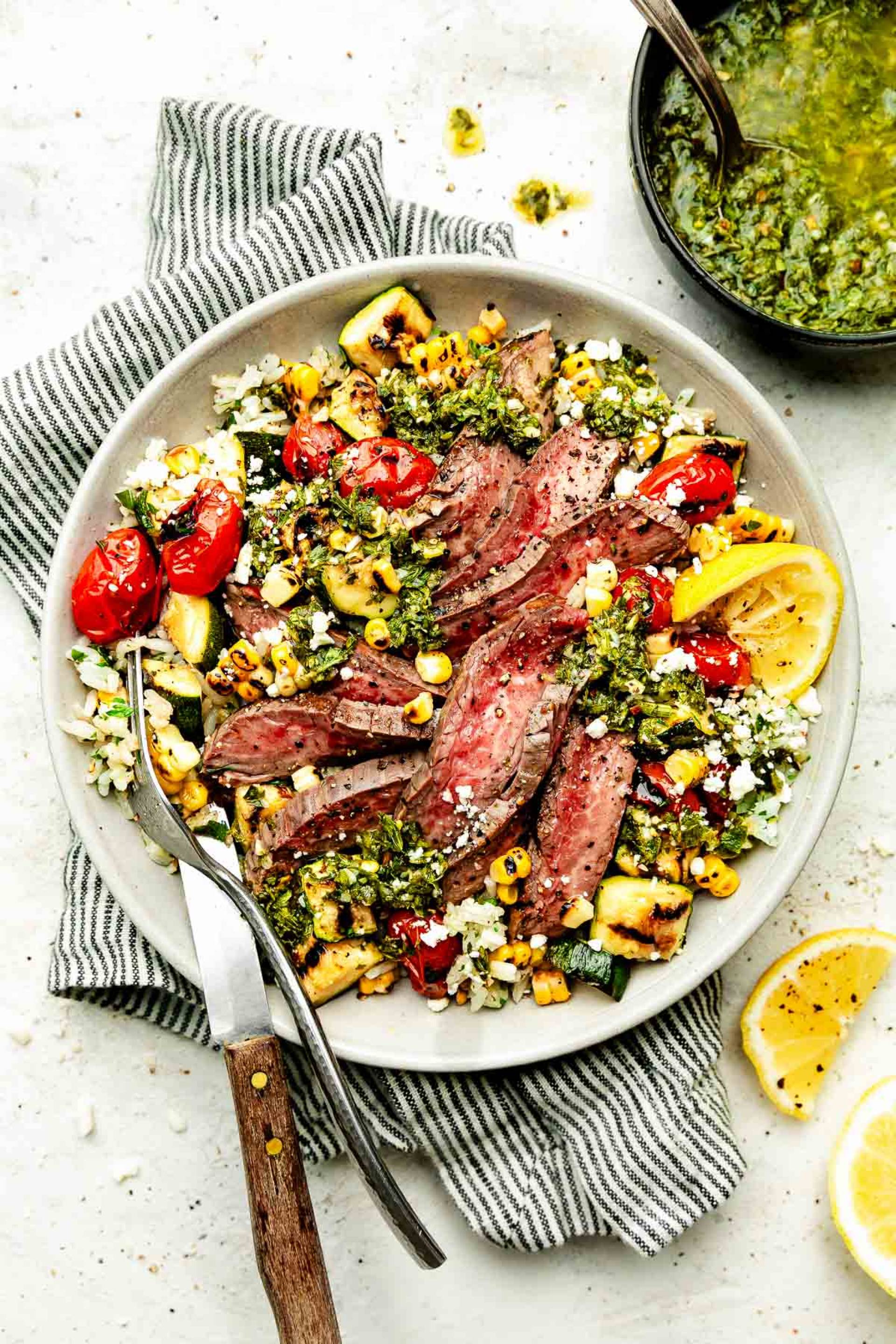 Chimichurri Flank Steak Bowls with Blistered Tomato and Charred Sweet Corn