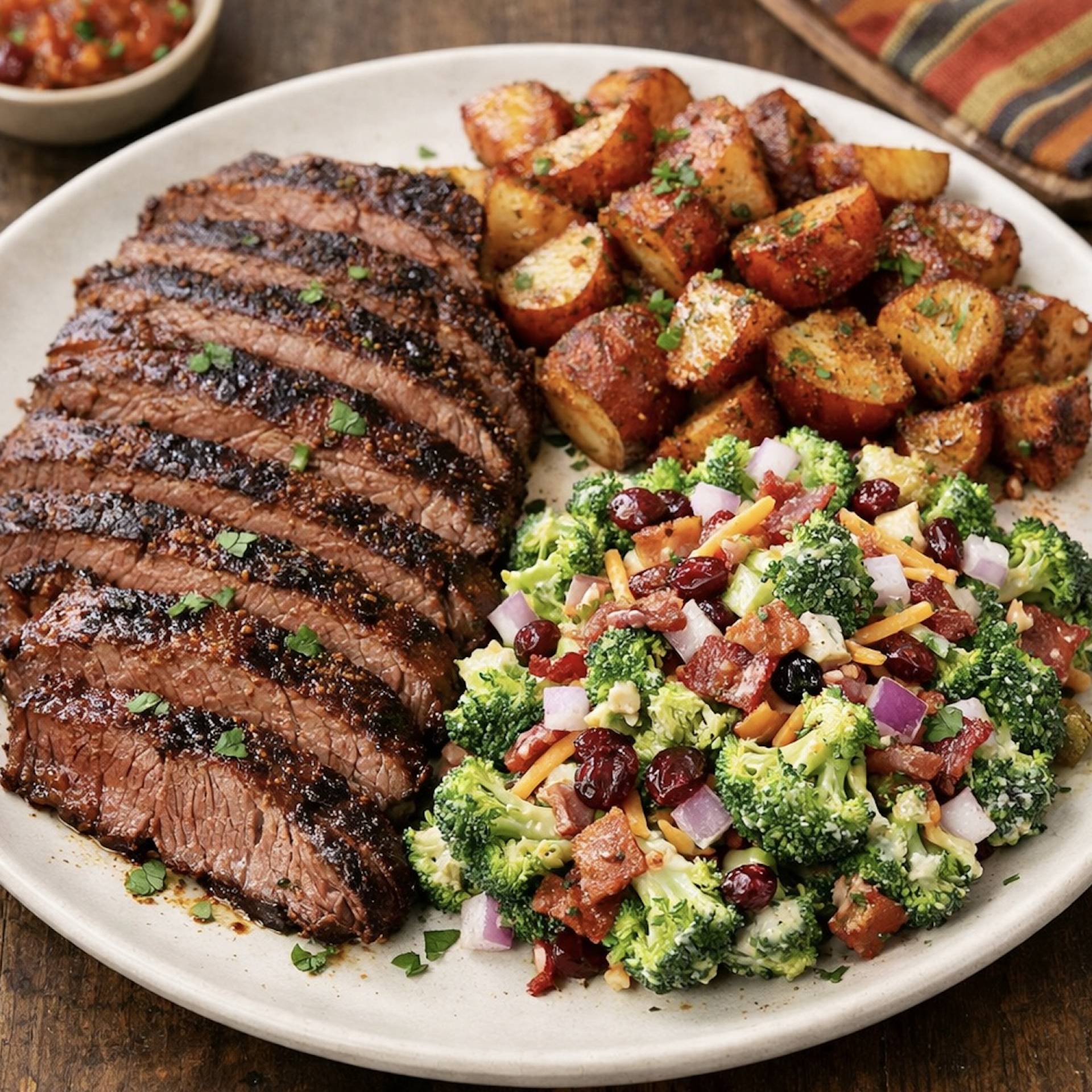 Grilled Flank Steak with Roasted Red Potatoes and Bacon Broccoli Salad