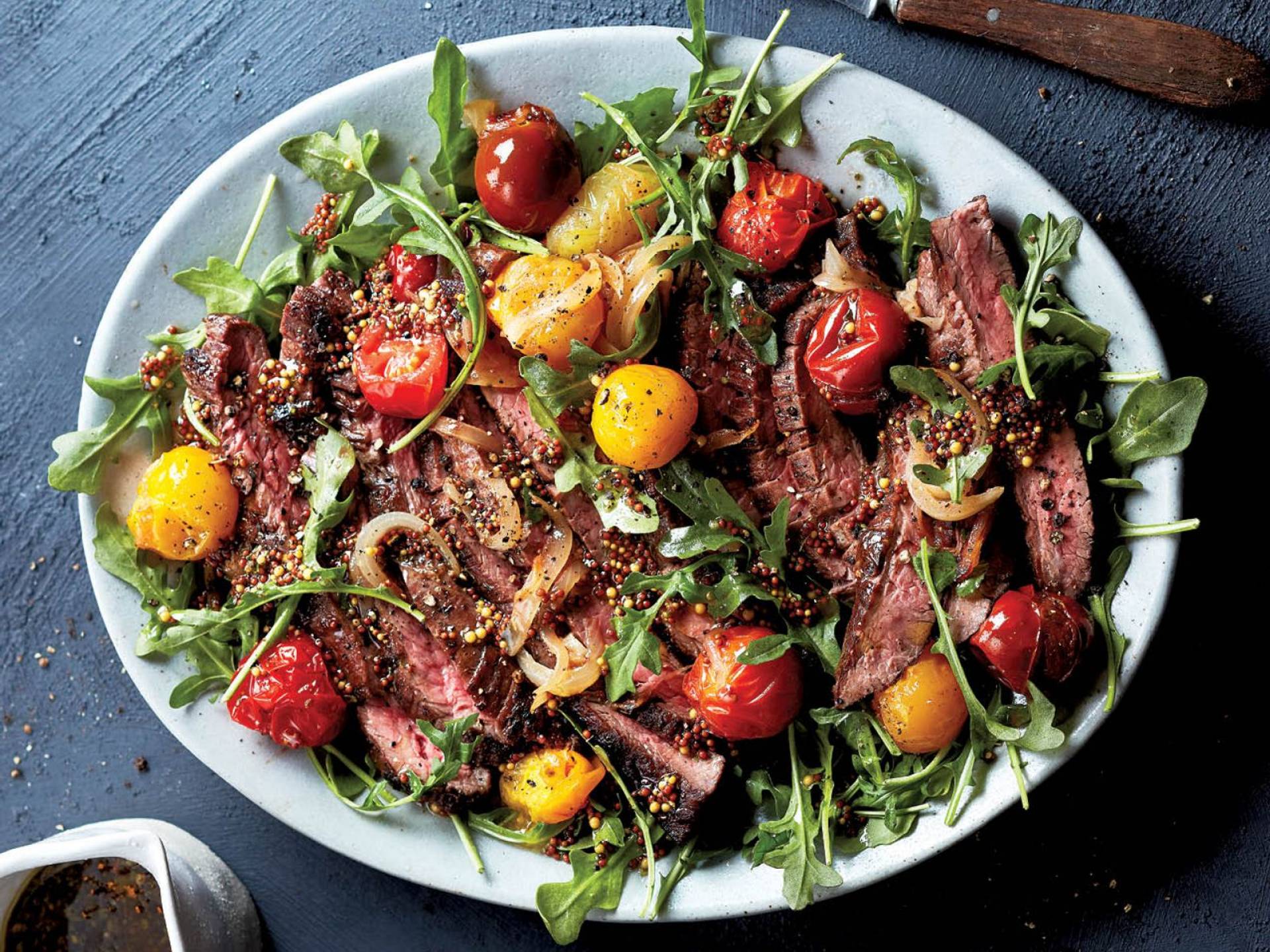 Cherry Ale and Chipotle Flank Steak or Beyond with Arugula Salad and Pepitas Tossed Quinoa