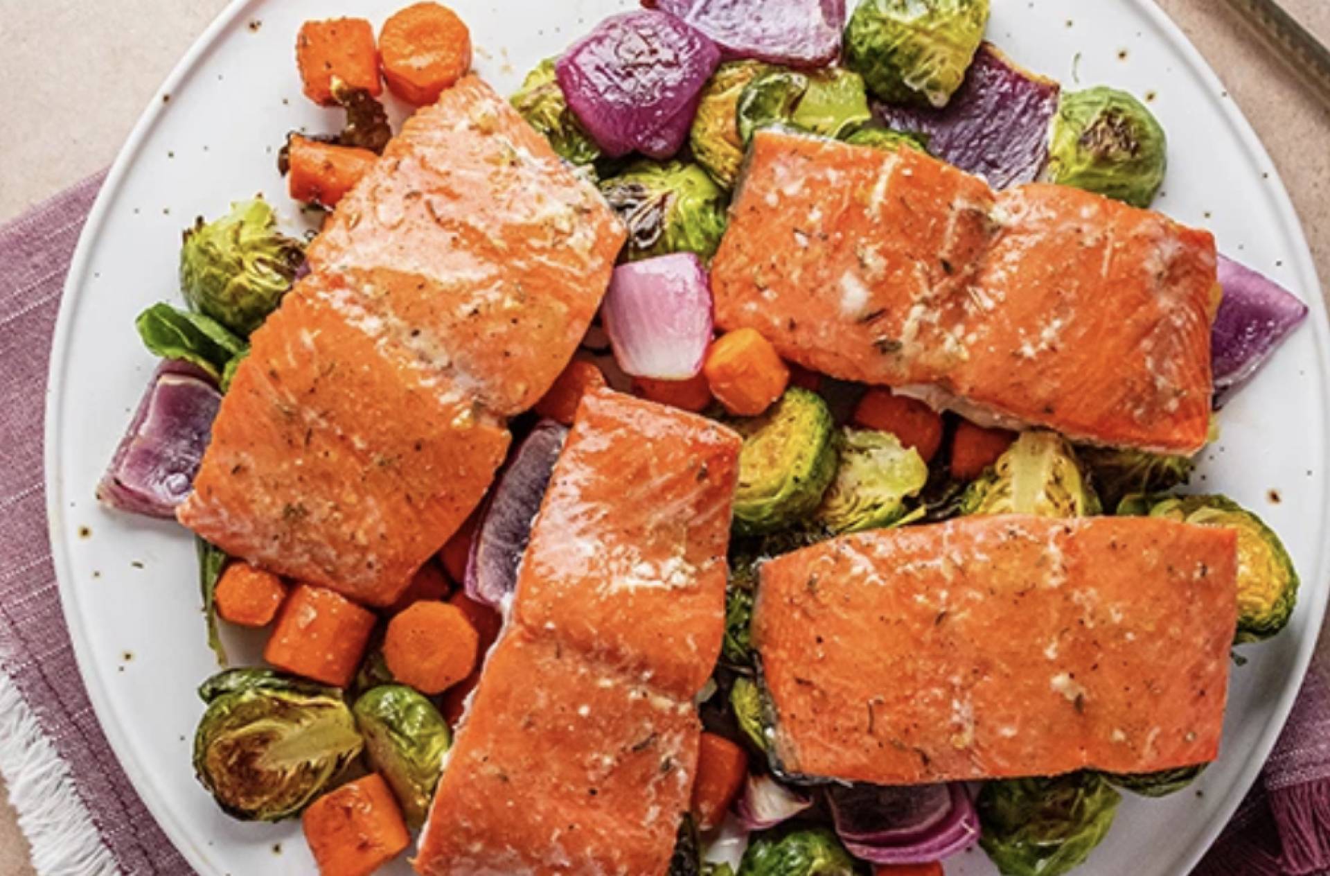 Fall Maple Dijon Coho Salmon with Roasted Balsamic Brussels and Carrot
